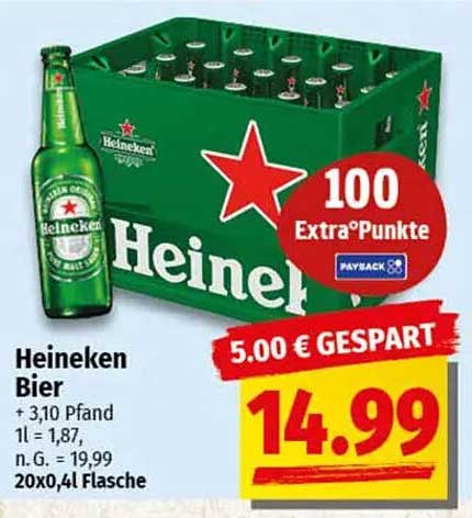 Heineken Bier 20x0,4L Flasche für 14,99 €