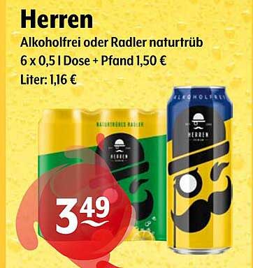Herr'n Alkoholfrei oder Radler naturtrüb – 6 x 0,5 l Dose + Pfand 1,50 €