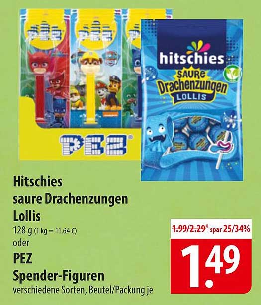 Hitschies saure Drachenzungen Lollis 128 g oder PEZ Spender-Figuren