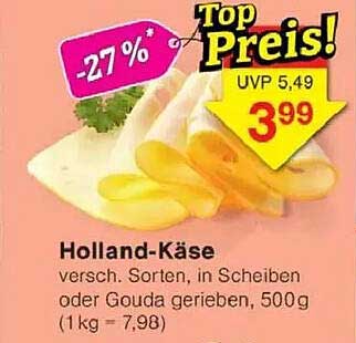 Holland-Käse, verschiedene Sorten, in Scheiben oder Gouda gerieben, 500g