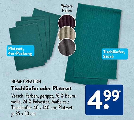 HOME CREATION Tischläufer oder Platzset – Versch. Farben, gerippt, 76 % Baumwolle, 24 % Polyester
