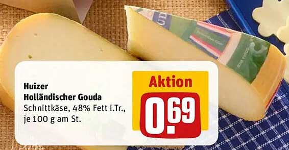 Huizer Holländischer Gouda, Schnittkäse, 48% Fett i.Tr., je 100 g am St.