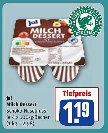 ja! Milch Dessert Schoko-Haselnuss, je 4 x 100-g-Becher