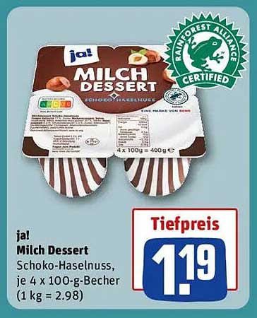 ja! Milch Dessert Schoko-Haselnuss, je 4 x 100-g-Becher