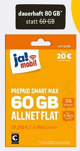 ja! mobil Prepaid Smart Max 60 GB Allnet Flat für nur 18,99 €
