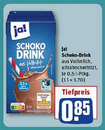 ja! Schoko-Drink aus Vollmilch, ultra-hoch erhitzt, je 0,5 l
