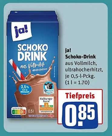 ja! Schoko-Drink aus Vollmilch, ultrahocherhitzt, je 0,5-L-Pckg.