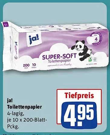 ja! Toilettenpapier Super-Soft 4-lagig, je 10 x 200-Blatt-Päck.