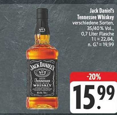 Jack Daniel's Tennessee Whiskey verschiedene Sorten, 35/40 % Vol., 0,7 Liter Flasche