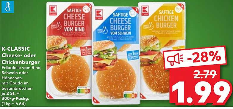 K-CLASSIC Cheese- oder Chickenburger - 300 g-Packung