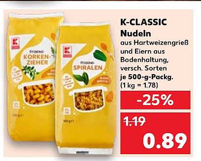 K-CLASSIC Nudeln aus Hartweizengrieß und Eiern, verschiedene Sorten, 500-g-Packung