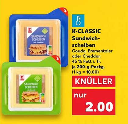 K-CLASSIC Sandwichscheiben Gouda, Emmentaler oder Cheddar, 45 % Fett i. Tr. je 200-g-Pack.