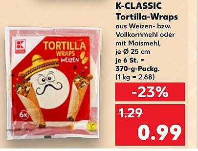 K-CLASSIC Tortilla-Wraps aus Weizen- bzw. Vollkornmehl oder mit Maismehl
