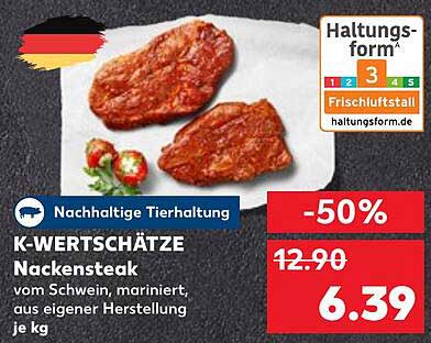 K-WERTSCHÄTZE Nackensteak vom Schwein, mariniert, aus eigener Herstellung je kg