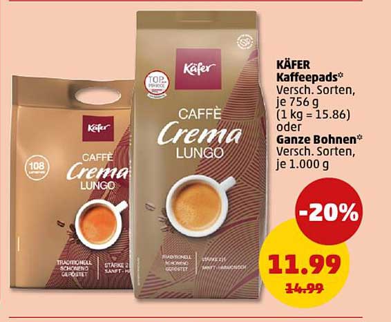 KÄFER Kaffee-Pads und Ganze Bohnen - 20% Rabatt