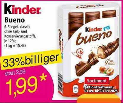 Kinder Bueno – 6 Riegel, classic ohne Farb- und Konservierungsstoffe, je 129 g