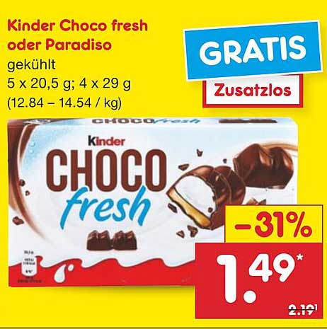 Kinder Choco fresh oder Paradiso 5 x 20,5 g; 4 x 29 g