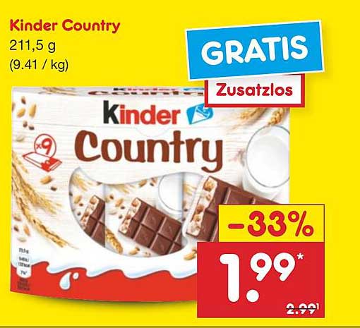 Kinder Country 211,5 g (9,41 / kg)