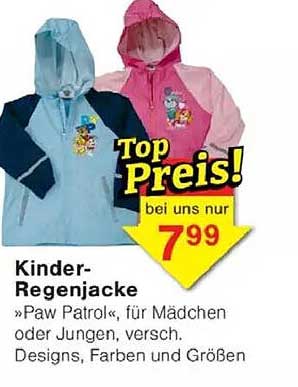 Kinder-Regenjacke »Paw Patrol«, für Mädchen oder Jungen, verschiede Designs, Farben und Größen