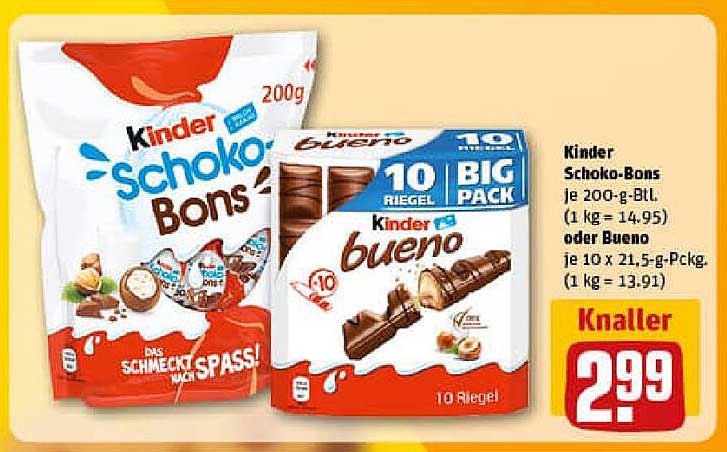 KINDER Schoko-Bons 200g oder Kinder Bueno 10 Riegel – Knaller!