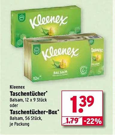 Kleenex Taschentücher* Balsam, 12 x 9 Stück oder Taschentücher-Box* Balsam, 56 Stück, je Packung