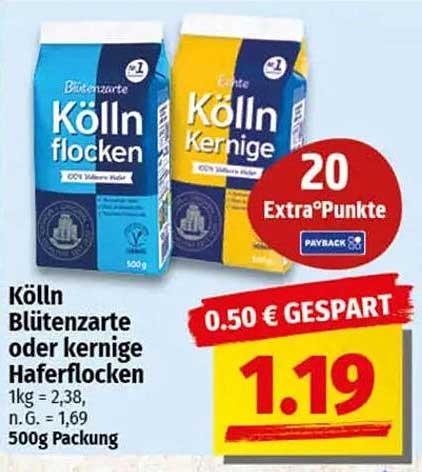 Kölln Blütenzarte oder kernige Haferflocken 500g für nur 1,19 €