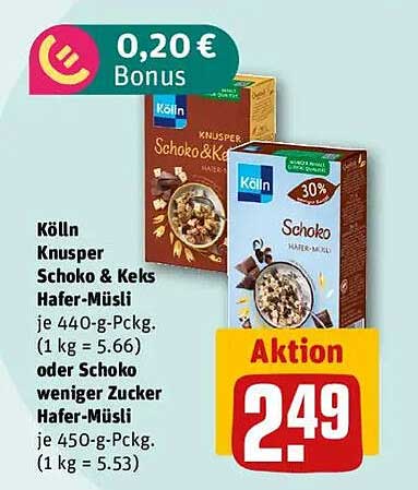 Kölln Knusper Schoko & Keks Hafer-Müsli oder Schoko weniger Zucker Hafer-Müsli
