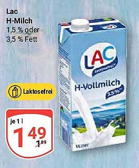 Lac H-Milch 1,5 % oder 3,5 % Fett, laktosefrei