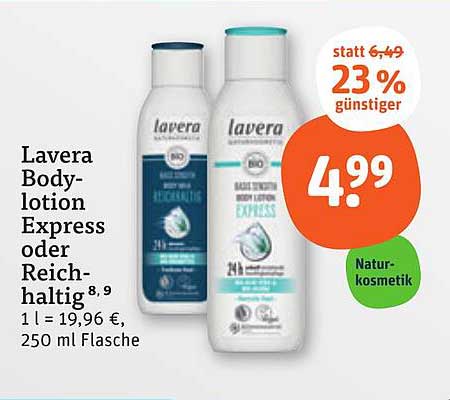 Lavera Bodylotion Express oder Reichhaltig - 250 ml für 4,99 € statt 6,49 €