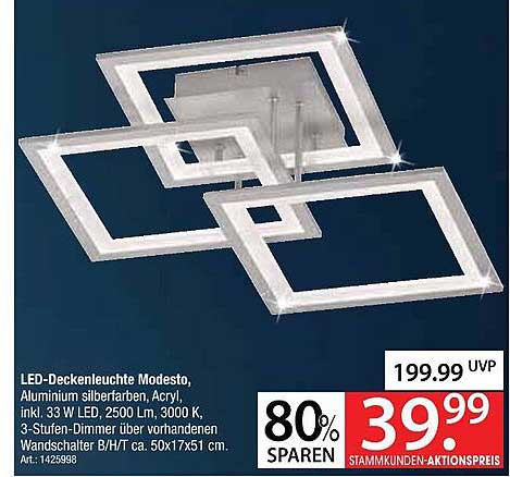 LED-Deckenleuchte Modesto, Aluminium silberfarben, Acryl, inkl. 33 W LED, 2500 Lm, 3000 K, 3-Stufen-Dimmer