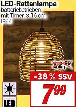 LED-Rattanlampe - batteriebetrieben, mit Timer, Ø 16 cm, IP44