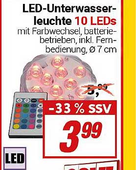 LED-Underwasserleuchte 10 LEDs mit Farbwechsel, batteriebetrieben, inkl. Fernbedienung, Ø 7 cm