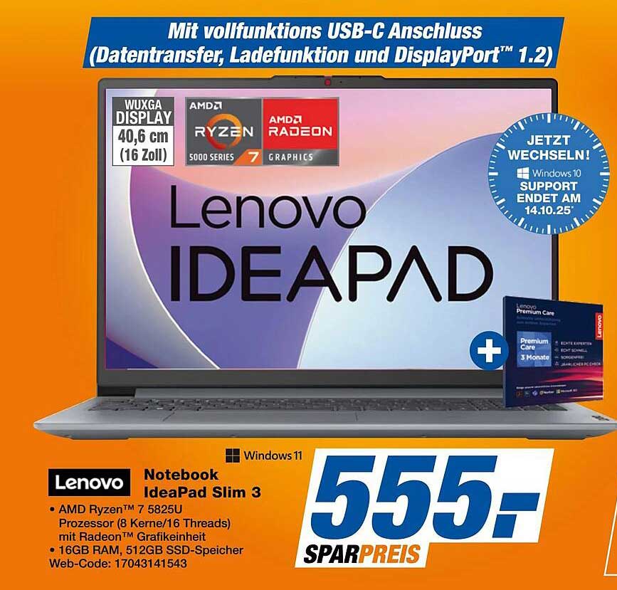 Lenovo Notebook IdeaPad Slim 3 – WUXGA Display, AMD Ryzen 7, 16GB RAM, 512GB SSD
