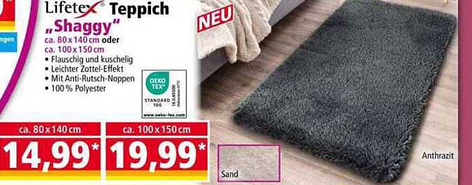 Lifetex Teppich "Shaggy" (ca. 80 x 140 cm oder ca. 100 x 150 cm) - Anthrazit
