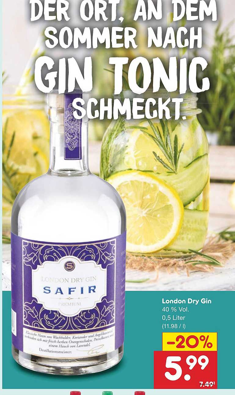 London Dry Gin Safir 0,5 Liter (40 % Vol.)