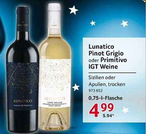 Lunatico Pinot Grigio oder Primitivo IGT Weine 0,75 l-Flasche