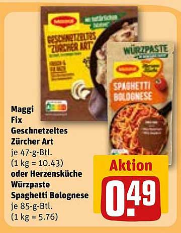 Maggi Fix Geschnetzeltes Zürcher Art oder Herzensküche Würzpaste Spaghetti Bolognese