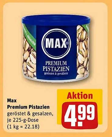 Max Premium Pistazien geröstet & gesalzen, je 225-g-Dose