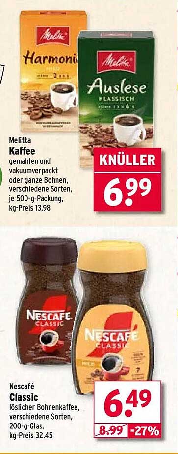 Melitta Kaffee gemahlen und vakuumverpackt oder ganze Bohnen, verschiedene Sorten, 500-g-Packung