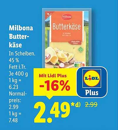 Milbona Butterkäse in Scheiben - 45 % Fett i.Tr.