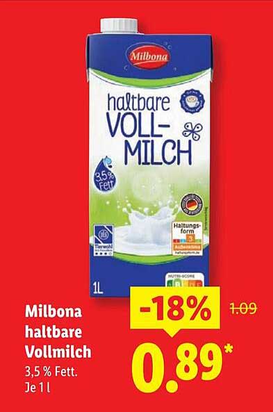 Milbona haltbare Vollmilch 1L