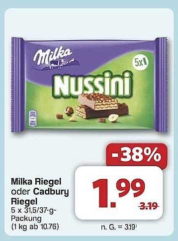 Milka Riegel oder Cadbury Riegel - Nussini 5 x 31,5/37-g-Packung