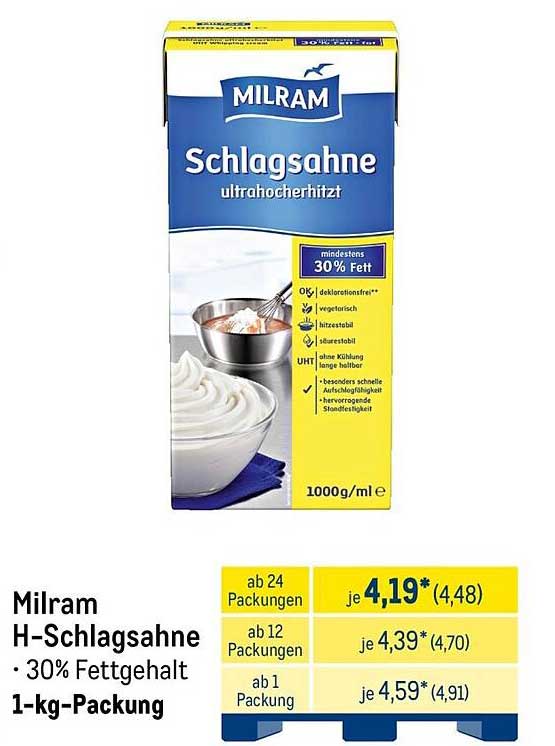Milram H-Schlagsahne - 30% Fett, 1 kg-Packung
