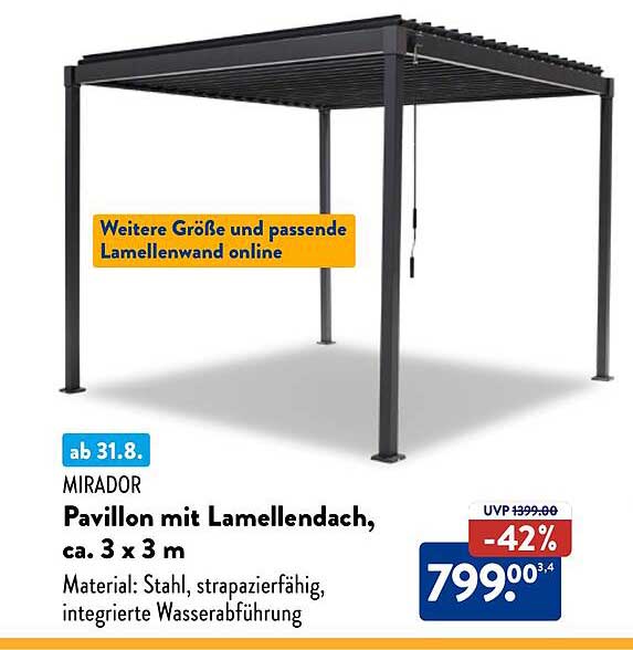 MIRADOR Pavillon mit Lamellendach, ca. 3 x 3 m