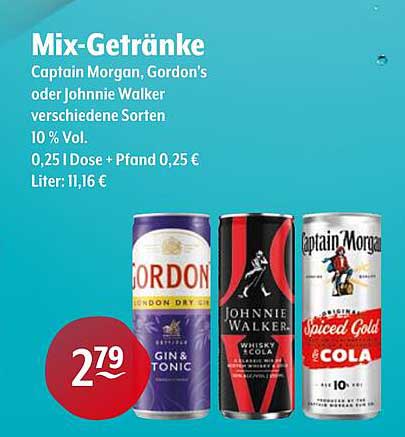 Mix-Getränke: Captain Morgan, Gordon's oder Johnnie Walker 10 % Vol.