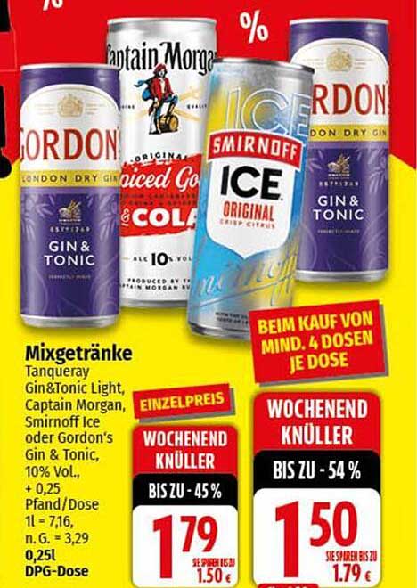 Mixgetränke - Tanqueray, Captain Morgan, Smirnoff Ice und Gordon's