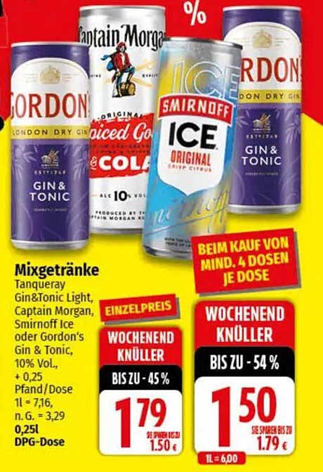 Mixgetränke: Tanqueray Gin&Tonic Light, Captain Morgan, Smirnoff Ice oder Gordon's Gin & Tonic (0,25 l DPG-Dose)