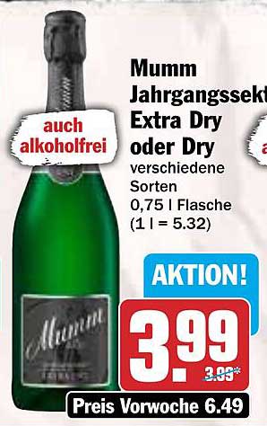 Mumm Jahrgangssekt Extra Dry oder Dry 0,75 l Flasche