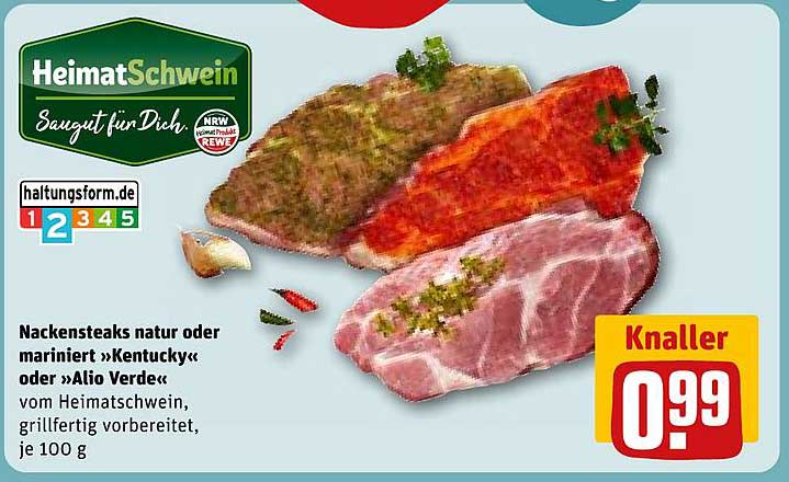 Nackensteaks natur oder mariniert »Kentucky« oder »Alio Verde« vom Heimatsschwein, grillfertig vorbereitet, je 100 g