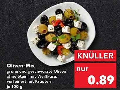 Oliven-Mix – Grüne und geschwärzte Oliven ohne Stein, mit Weißkäse, verfeinert mit Kräutern